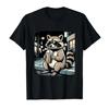 Waschbär trinkt Eiskaffee Lustiges Tier-Meme T-Shirt Für Männer Frauen 100% Baumwolle T-Shirts Kurzarm Tops 04102