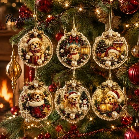 Acrylic Santa Hanging Ornaments 6 Pcs Christmas Pearl Art Ornaments, 2D Flat Holiday Tree Pendant, Effect Decoration for Home Wall Door Window