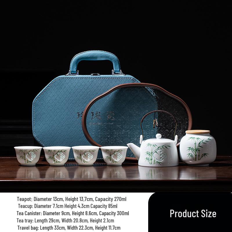 Hand-Painted Porcelain Gongfu Travel Tea Set with Green Bamboo Design