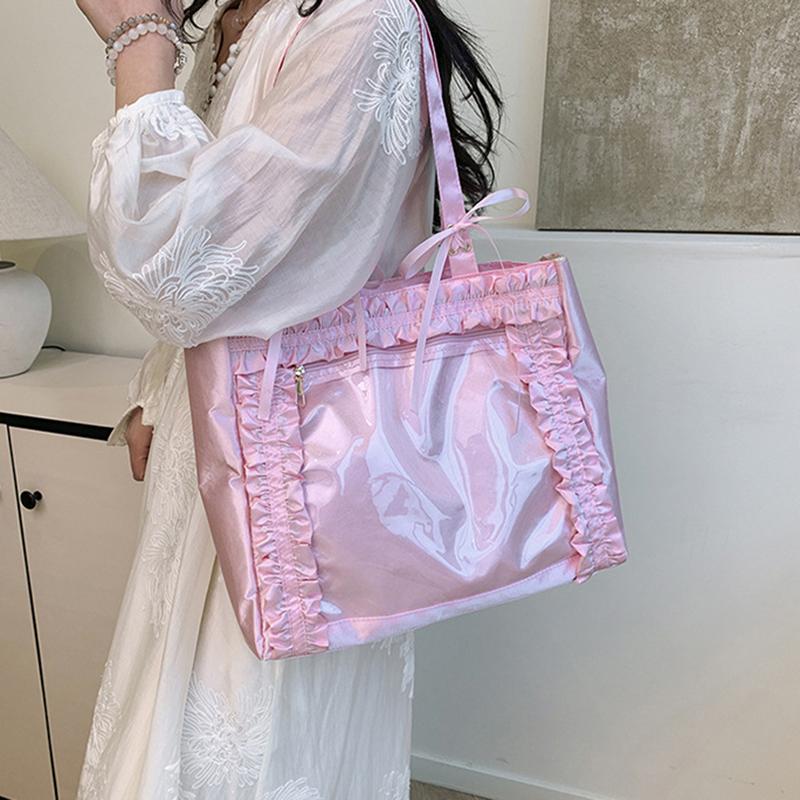 New Fashion Versatile Girls' Strap Bowknot Transparent Splice Advanced Shoulder Bag Large Capacity Shopper Totes
