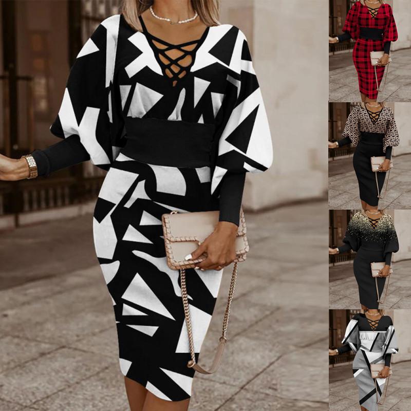 Autumn and Winter New Women's Bodycon Dress Fashion Print Lantern Sleeve V-Neck Pack Hip Dress Casual Elegant Party Dress Plus Size