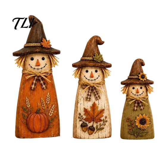 Whimsical Witch Hat Cat Figurines 3Pcs Rustic Wooden Halloween Tabletop Decor, Farmhouse Black Figurine Moon Star Pumpkin Art with Hat,