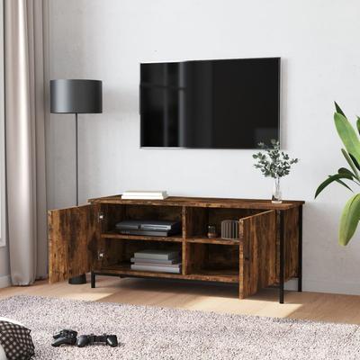 TV Cabinet with Doors Smoked Oak Finish 102 X 35 X 45 Cm Engineered Wood