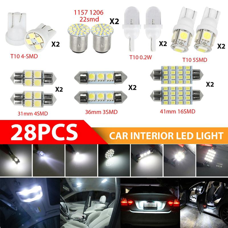 28Pcs/Set Car Interior White Led Light Dome License Plate Mixed Lamp Bulbs