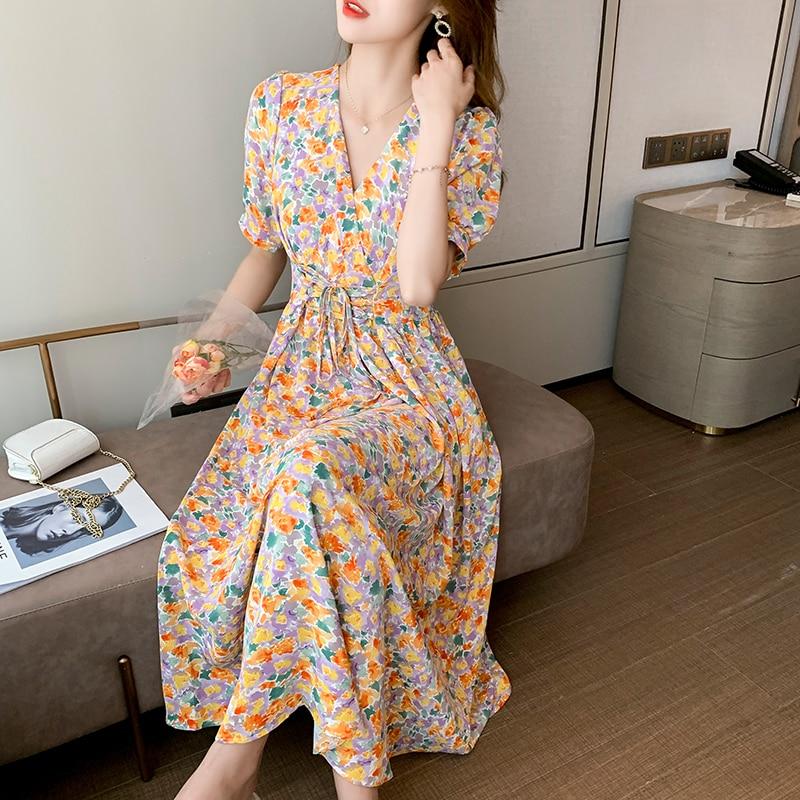V-hals elegante avond lange feestjurken mode chique bloemen strandjurk casual korte mouw print zomerjurk gewaad 22205