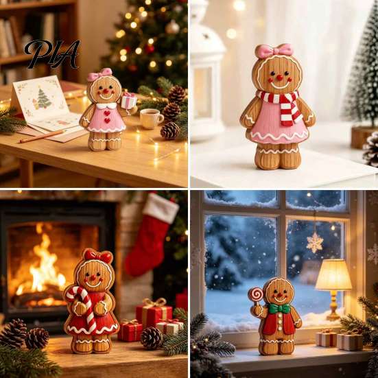 Christmas Party Supplies Cartoon Gingerbread Wooden Ornament, Double-sided Printed Desktop Tabletop Figurines, Character Figures Decorative Craft for