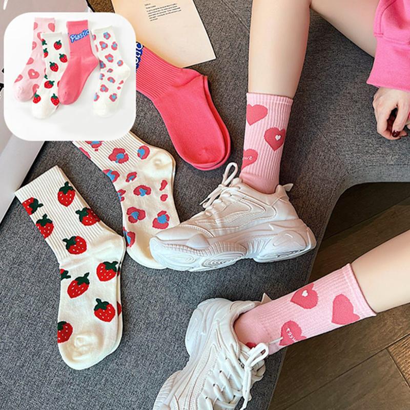 Cute Harajuku Strawberry Love Sweet Socks Middle Tube Breathable Fashion Autumn And Winter Casual Socks