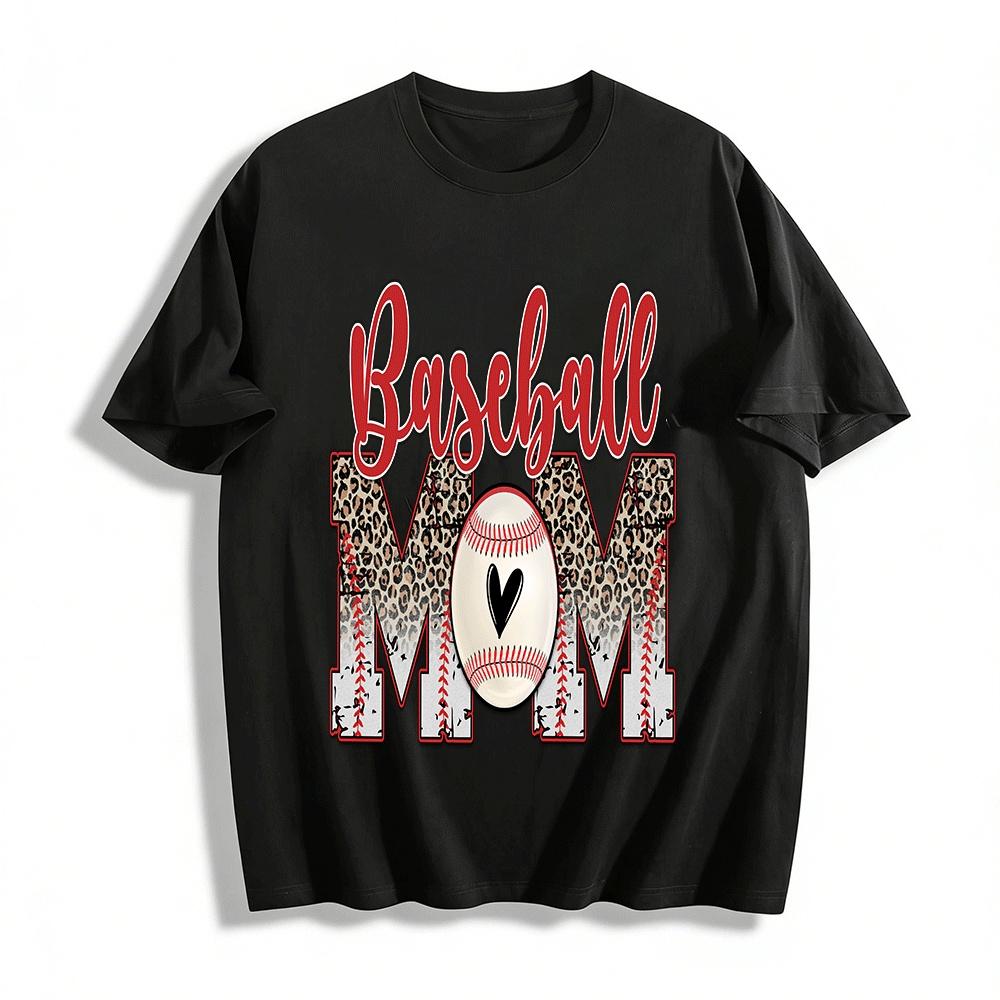 Leopard Print Heart Baseball Mom Graphic Casual Top Pure cotton T-shirt