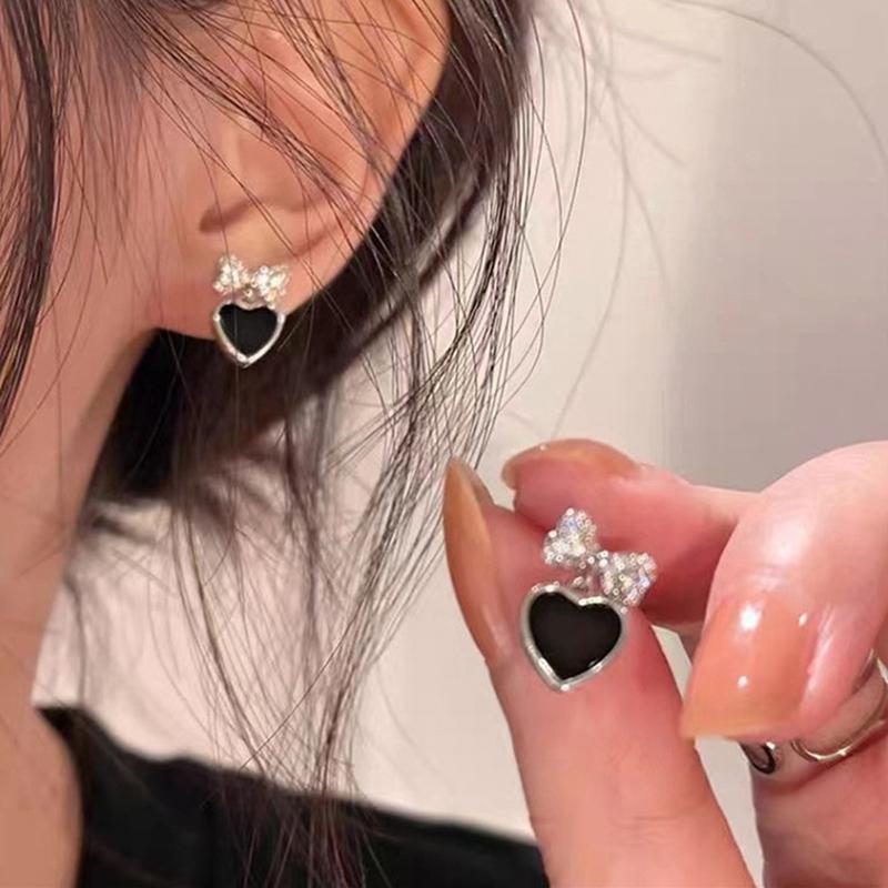 Women'S Earrings Asymmetrical Cute Bowknot Black Heart Drop Earrings