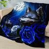 Blue Wolf and Rose Floral Flannel Blanket, Cozy All-Season Throw for Sofa, Bed, Office, Travel & Camping