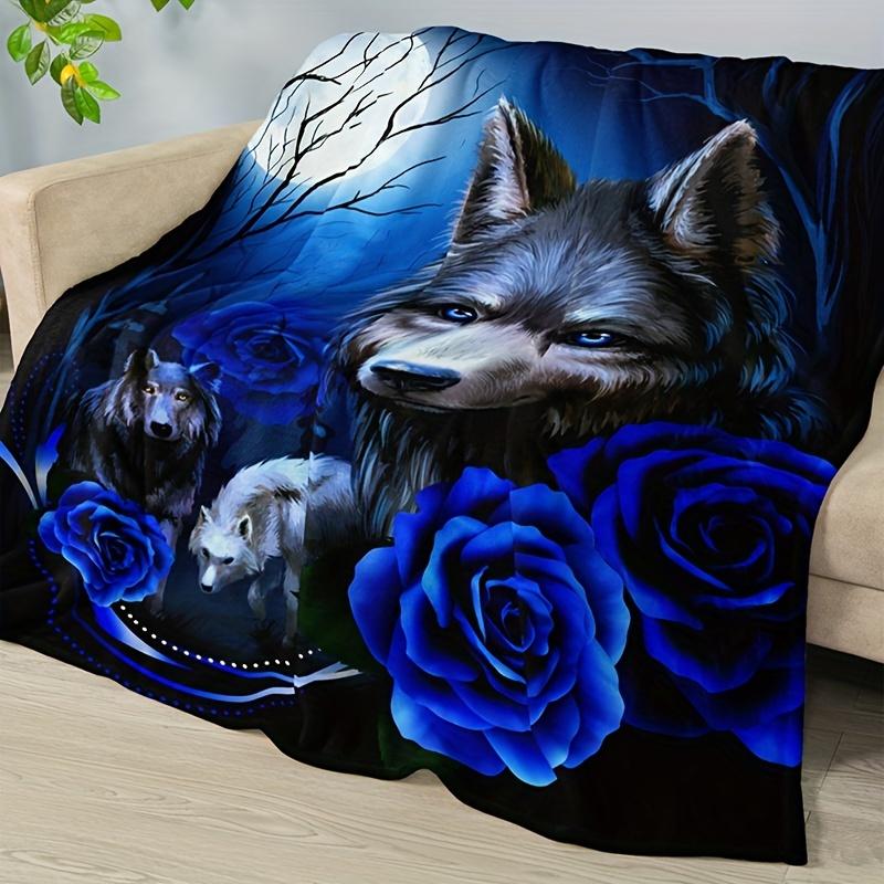 Blue Wolf and Rose Floral Flannel Blanket, Cozy All-Season Throw for Sofa, Bed, Office, Travel & Camping