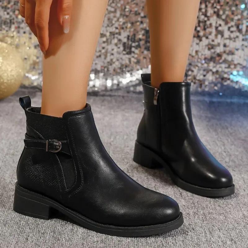 Fashion Shoes for Women 2024 Hot Sale Side Zip Women's Boots Autumn Round Toe Solid Short Barrel Low Heels Plus Size Boots Zapatos Mujer