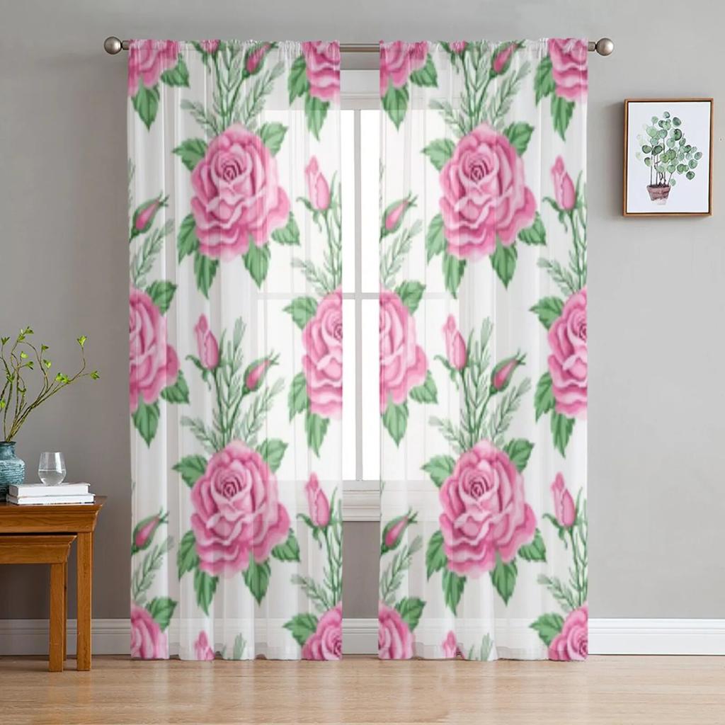 Pink Rose Vintage Tulle Window Curtain For Living Room Modern Sheer Curtain For Bedroom Kitchen Drapes Custom
