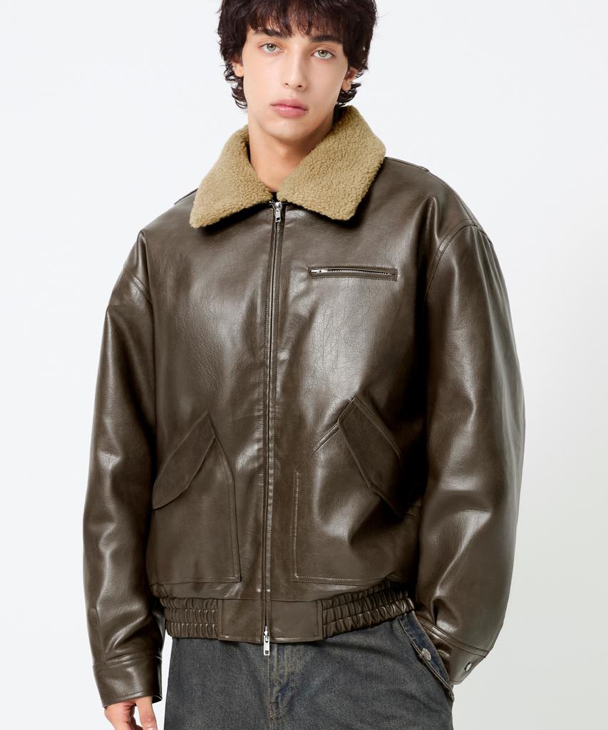 Trillion Fleece Collar Flight Leather Jacket_Brown