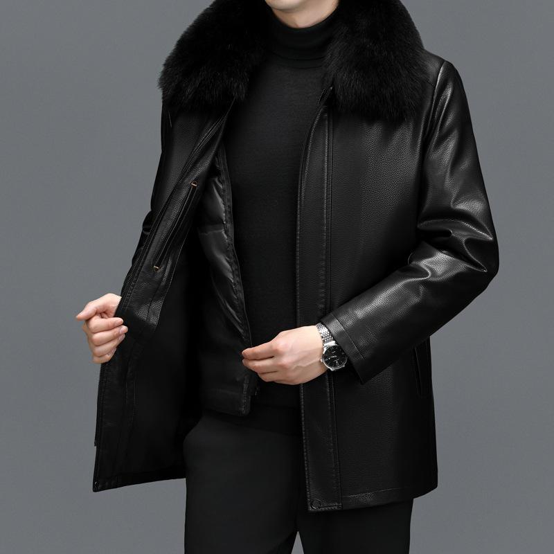 Leather Down Jacket Men's Middle-aged and Old Leather Fur Collar Medium and Long Thickened Sheepskin Jacket Jacket Dad Winter Leather Jacket