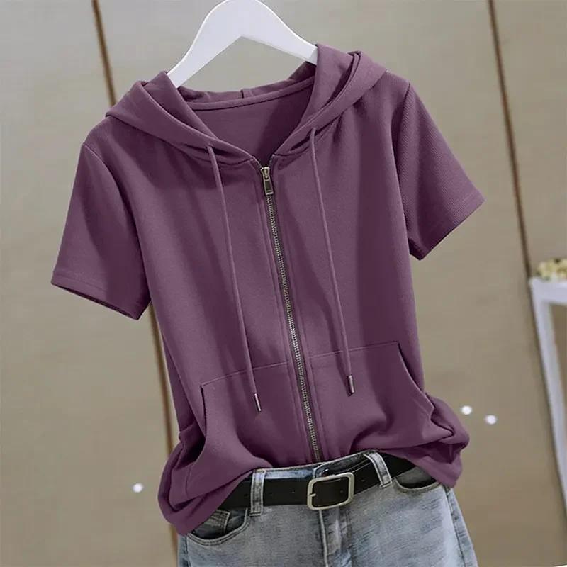 Women's Short Sleeve Zip Up Hoodie T-shirts Casual Drawstring Hooded Top with Pocket Lightweight Summer Sweatshirt Clothing
