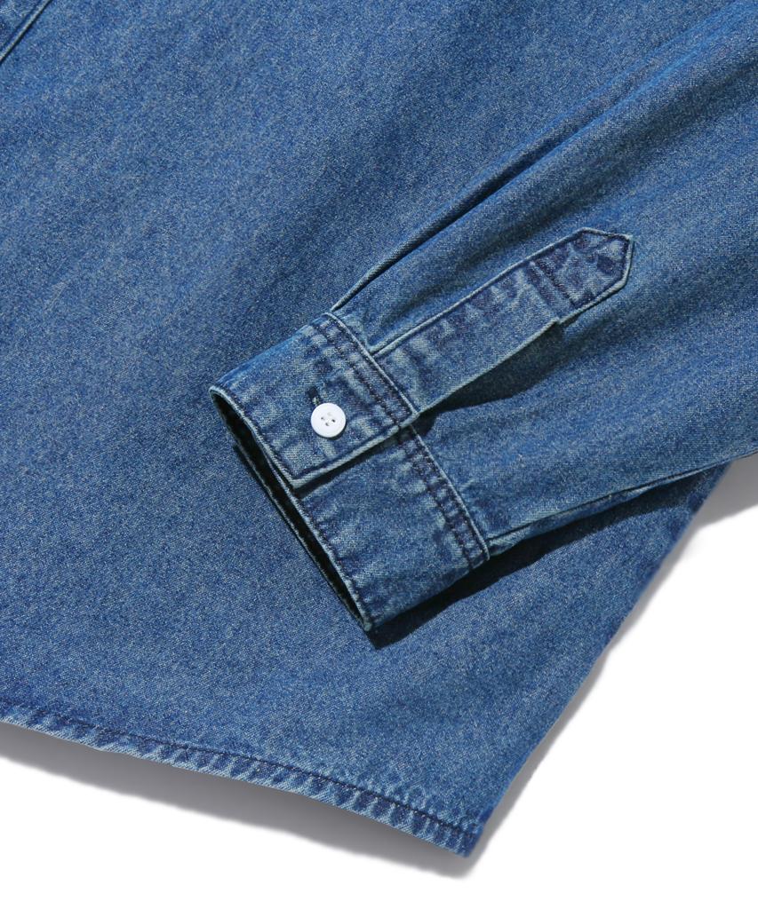 TRILLION Stone Washed Oversized Denim Long Sleeve Shirt (Middle Blue)
