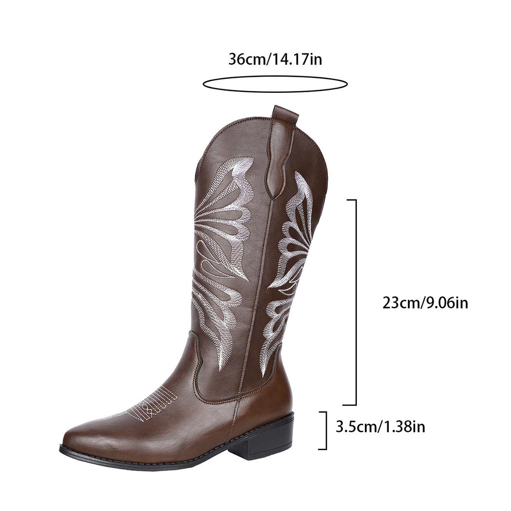 Cowboylaarzen voor Dames Cowgirl Western Laarzen Geborduurd Gestikt Dikke Hak Halverwege de Kuit Laarzen Dames Instappers Vintage Kunstleer Brede Schacht Laarzen