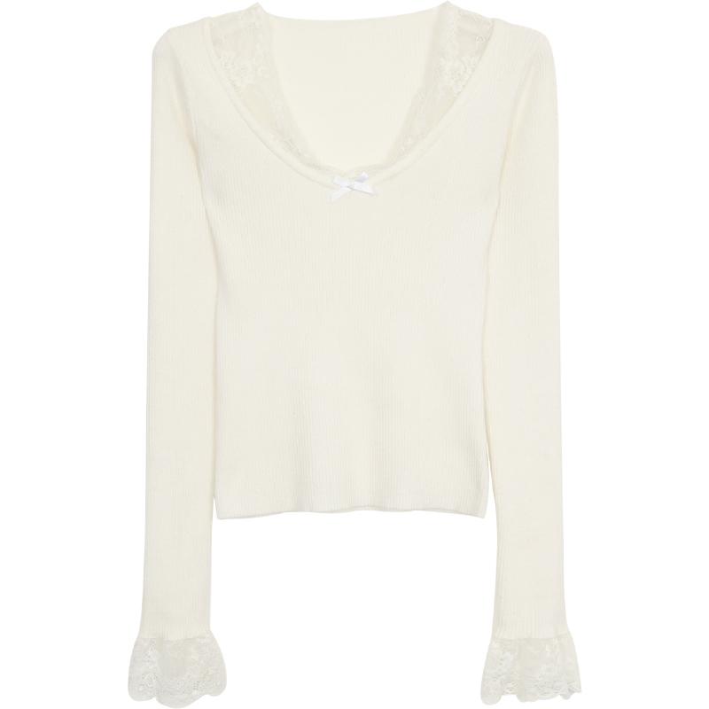 Lace V Neck Casual Knitted Sweater for Women Autumn and Winter New Slim Fit Knitted Sweaters Women Tops Elegant Solid Vintage Ladies Jumpers 25865