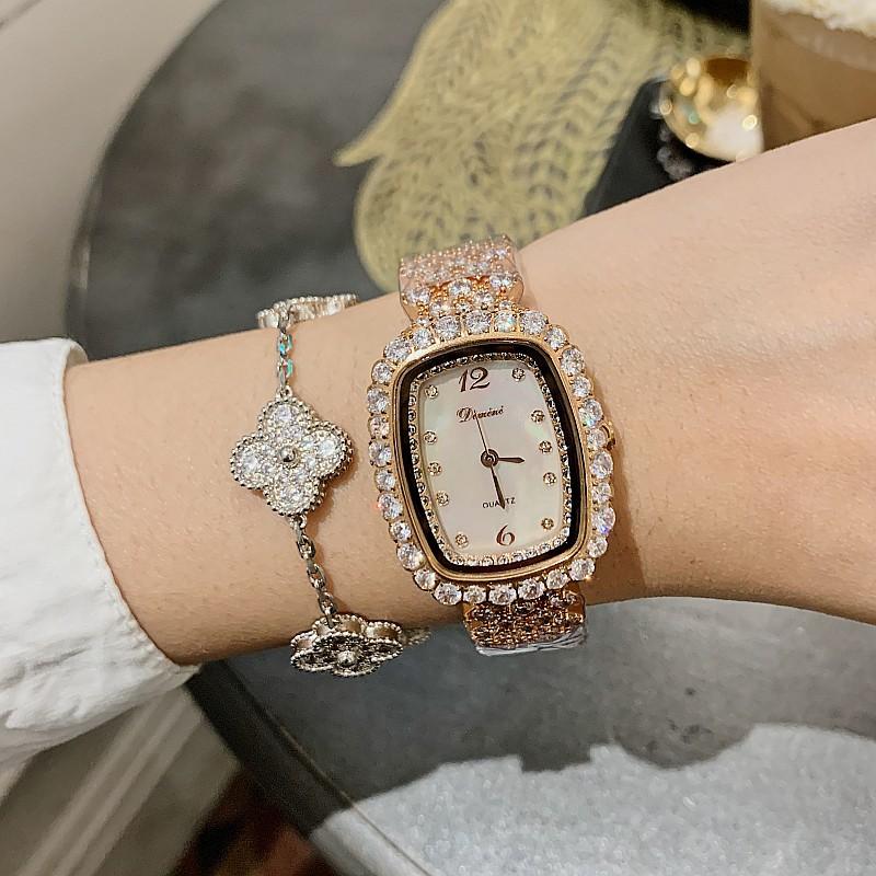 Square Zircon Silver Bracelet Fashionable Personalized Rhinestone Shell Watch Full Diamond Strap Women'S Watch