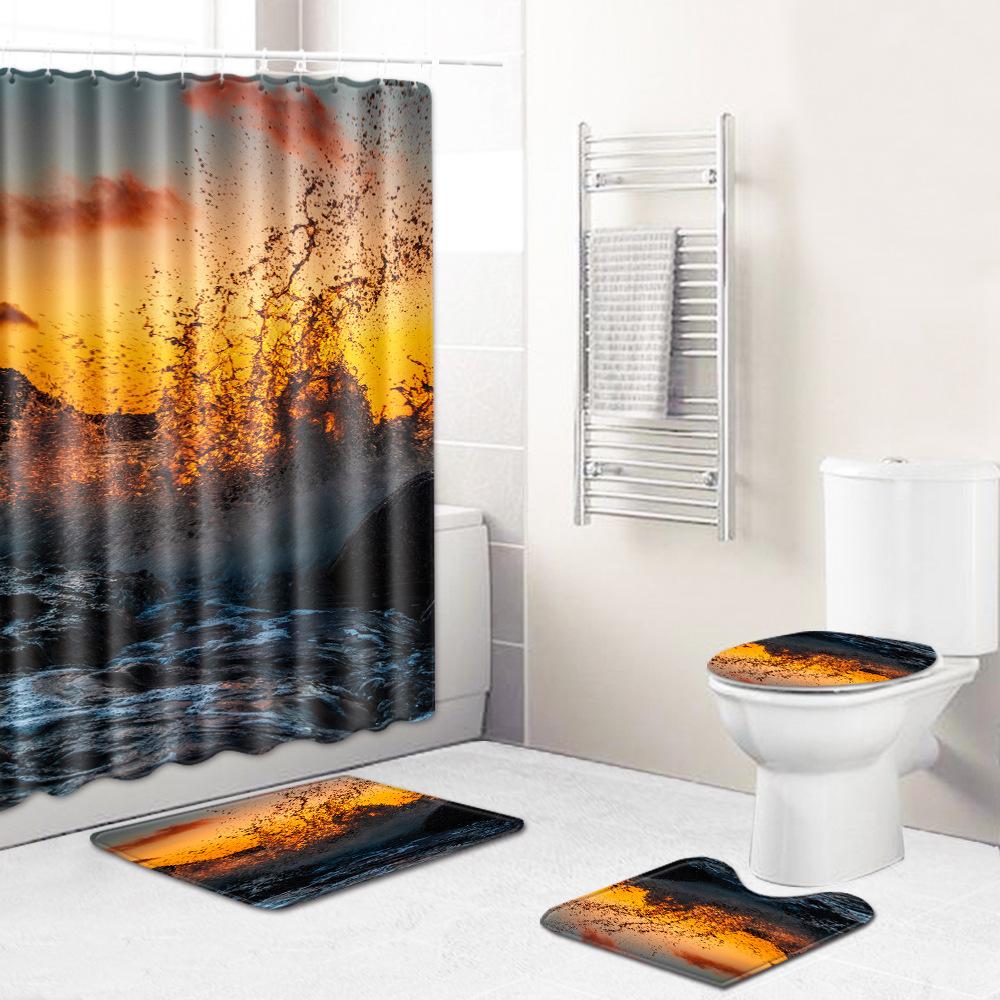 Scenic Shower Curtain Floor Mat Combination Four-Piece Set Bathroom Toilet Carpet Shower Room Mat Doormat