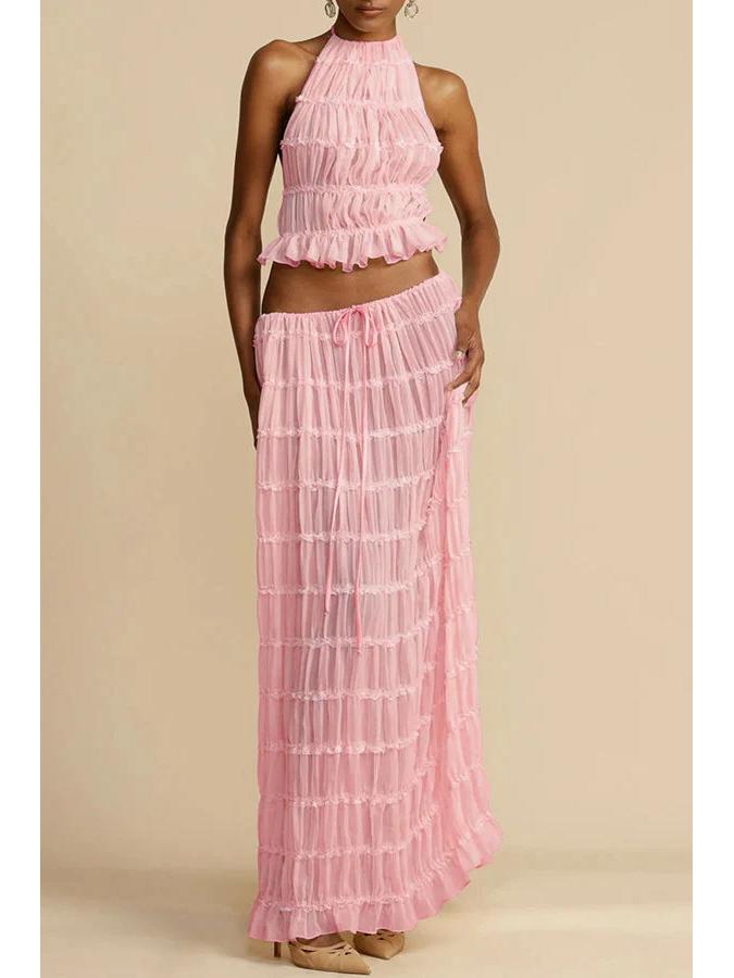 2024 Spring/Summer European & American Fashion Backless Halter Lace Ruffle Maxi Dress Set