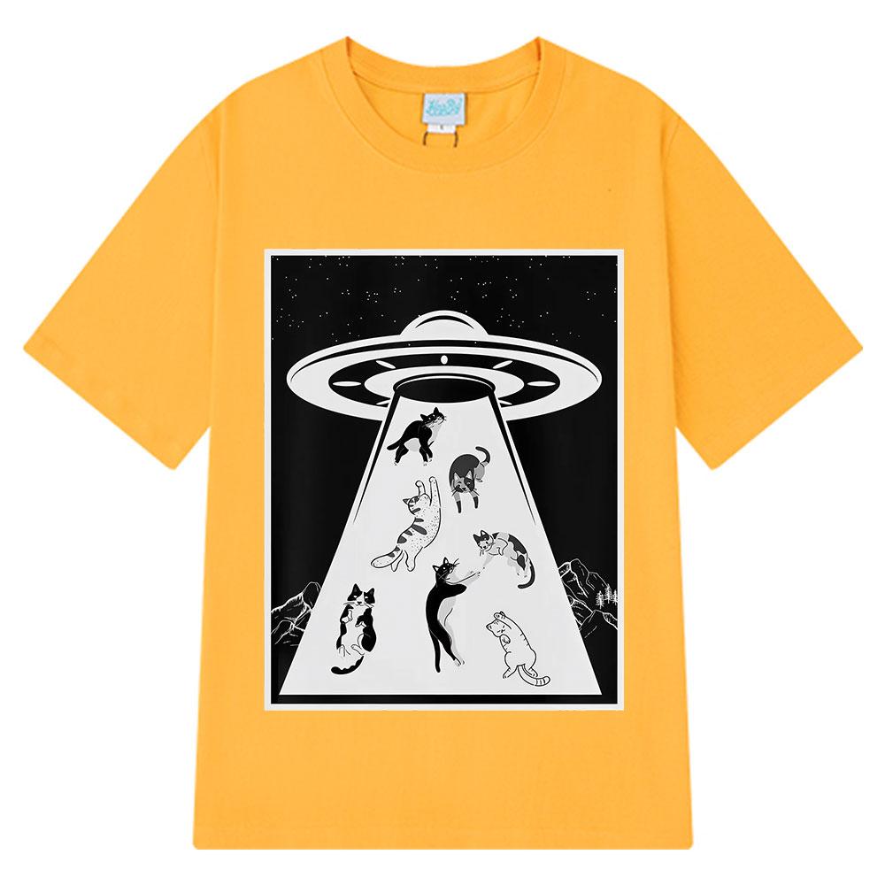 Rolig UFO-katt Utomjording Bortförning Katter Nyhet Grafiska T-shirts Herr Dam Vintage T-shirt Kortärmad Bomull Mode Casual T-shirts