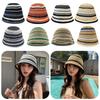 UV Protection Crochet Bucket Hat Striped Knitted Hollow Straw Bucket Cap Bucket Sun Hat  Summer