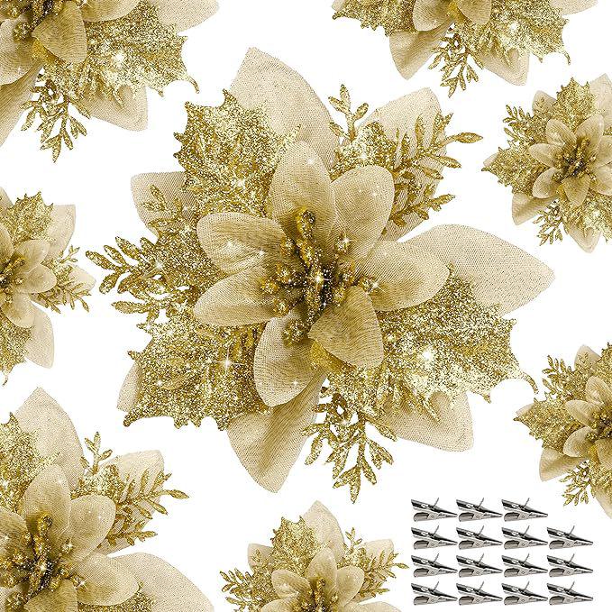 Red Christmas Flower Decoration with Clip and Gold Glitter for Wreaths and Weddings