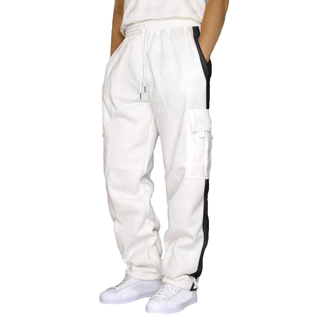 Sports Casual Trousers with Fleece Tied Feet and Multi-pocket Tether Men's Loose Tooling Trousers