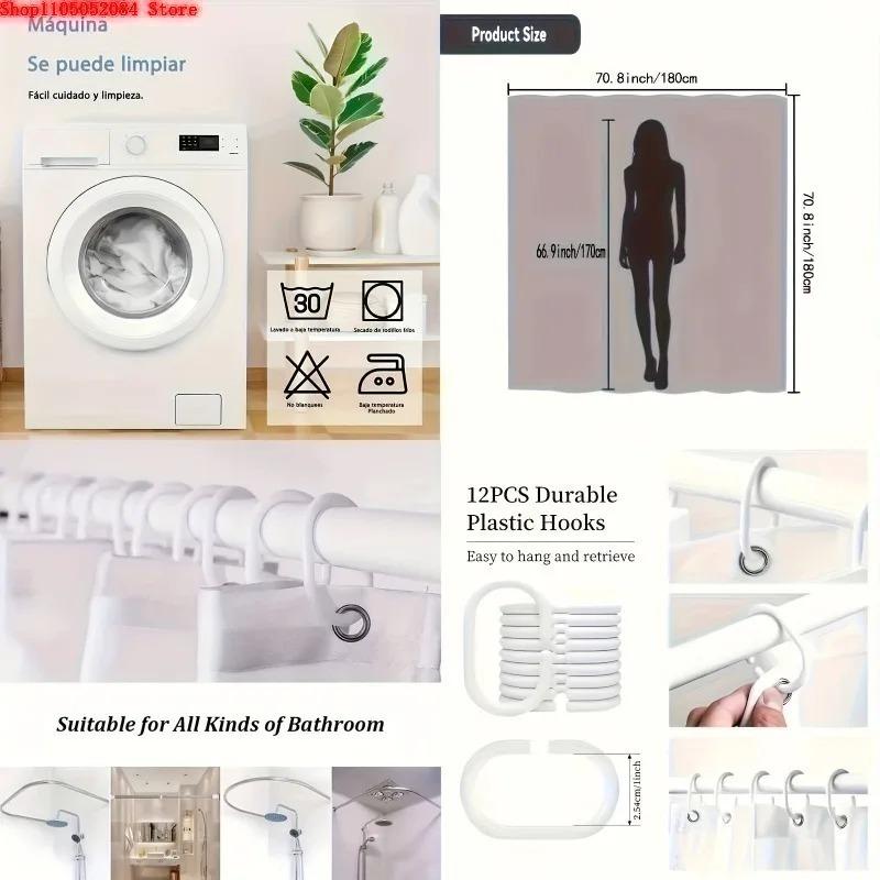 1Pc Elegant White Golden Floral Arch Shower Curtain - With Hooks Waterproof Mildew Proof Easy Install Washable