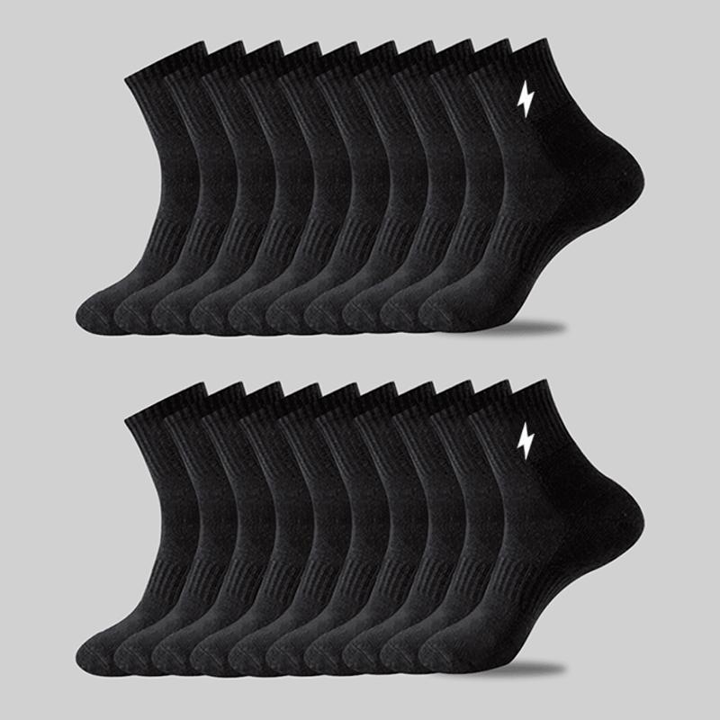 10 Pair Black and White Embroidered Lightning Men's and Women's Solid Color Medium Socks Thin Soft Sports Neutral Couple Sock