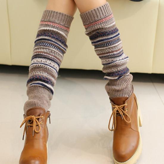 1 Par Estilo Étnico Estampa Listrada Punhos Canelados Altura do Joelho Aquecedores de Pernas de Tricô Outono Inverno Feminino Meias Quentes para Botas
