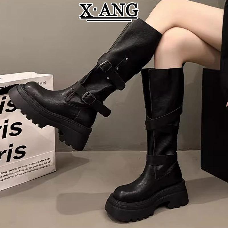 Cowhide version thick-soled heightening small brown boots women's knee knight boots high boots western cowboy boots