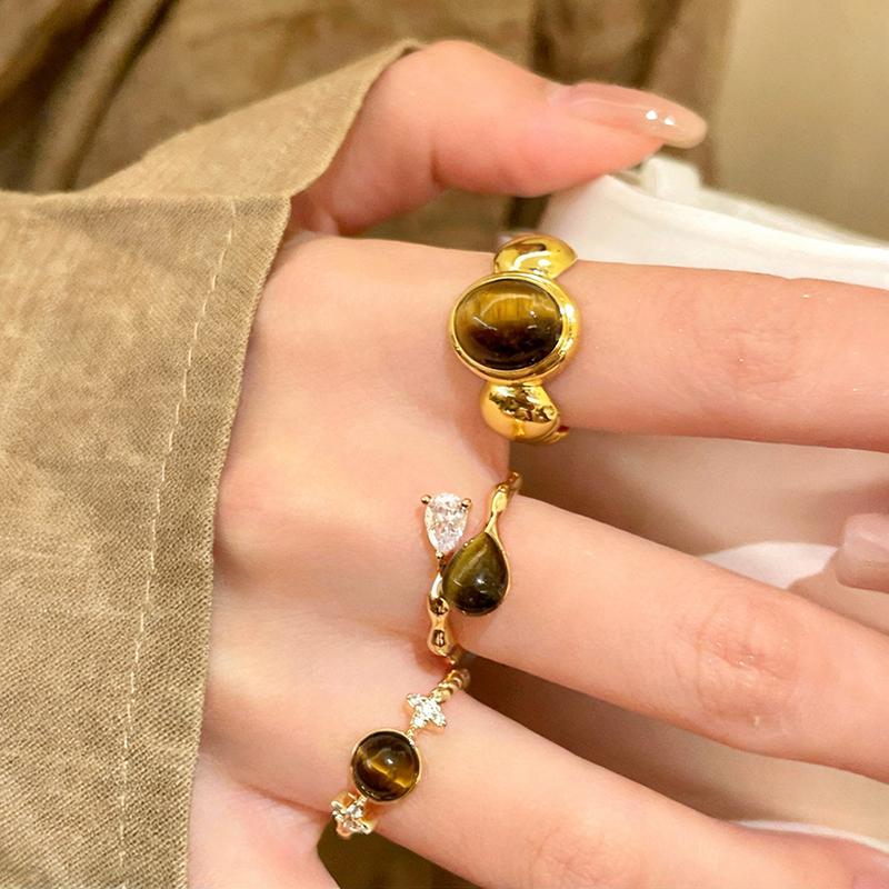 Vintage Tiger Eye Stone Rings for Women Girls Waterdrop Zircon Exquisite Aesthetic Open Ring Fashion Elegent Jewelry Party
