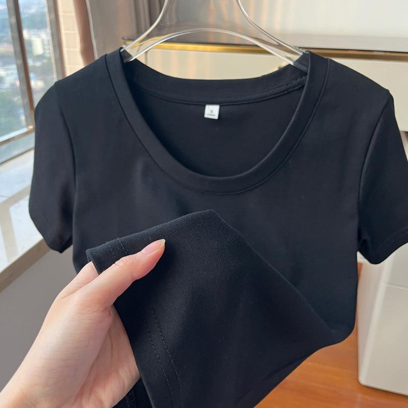 GMXIA White Short-sleeved T-shirt Women's Spring/summer U-collar Base Slim-fit Large Neckline Shoulder T-shirt Low Neckline Top