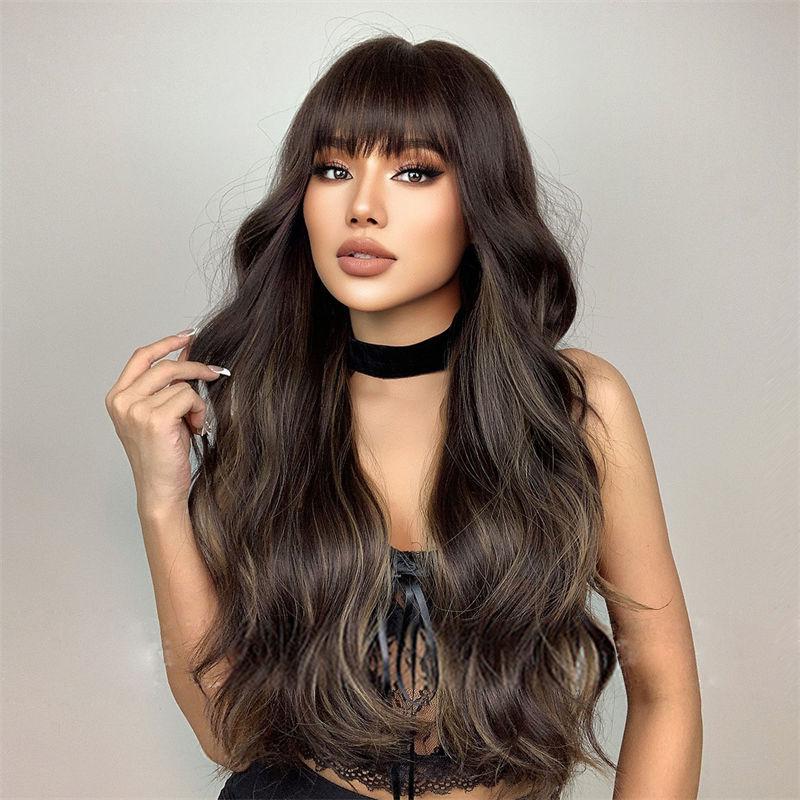 Long Curly Hair Fashion Big Wave Wig Smooth and glossy Bangs Black Brown Women's Wig