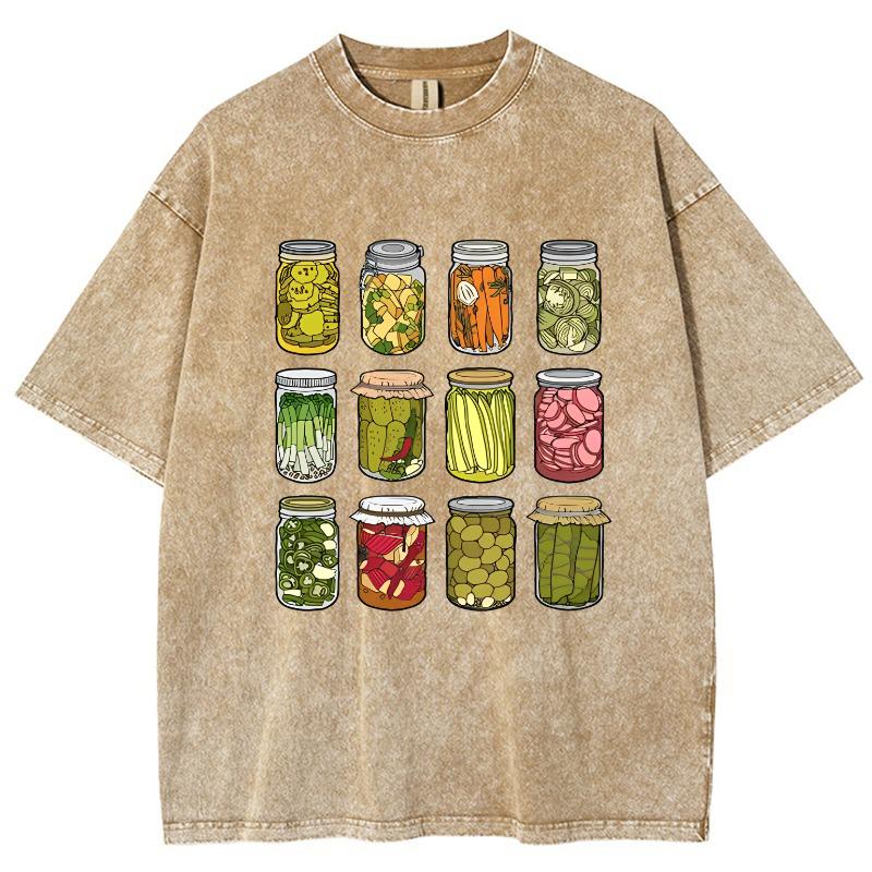 Cartoon Canned Pickle Print Women's T-Shirt Washed Cotton Vintage Crew Neck Short Sleeve Design Top Basic Tees