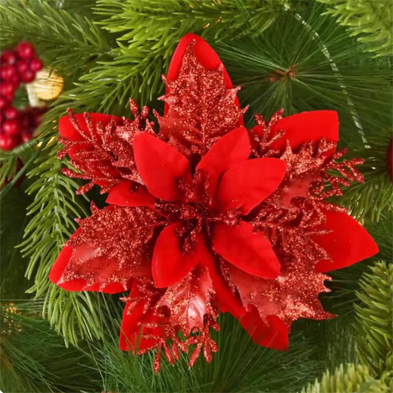 New Year Xmas Tree Ornaments Gift 1Pc for Home 14cm Glitter Artificial Christmas Flowers Merry Christmas Decorations Accessories