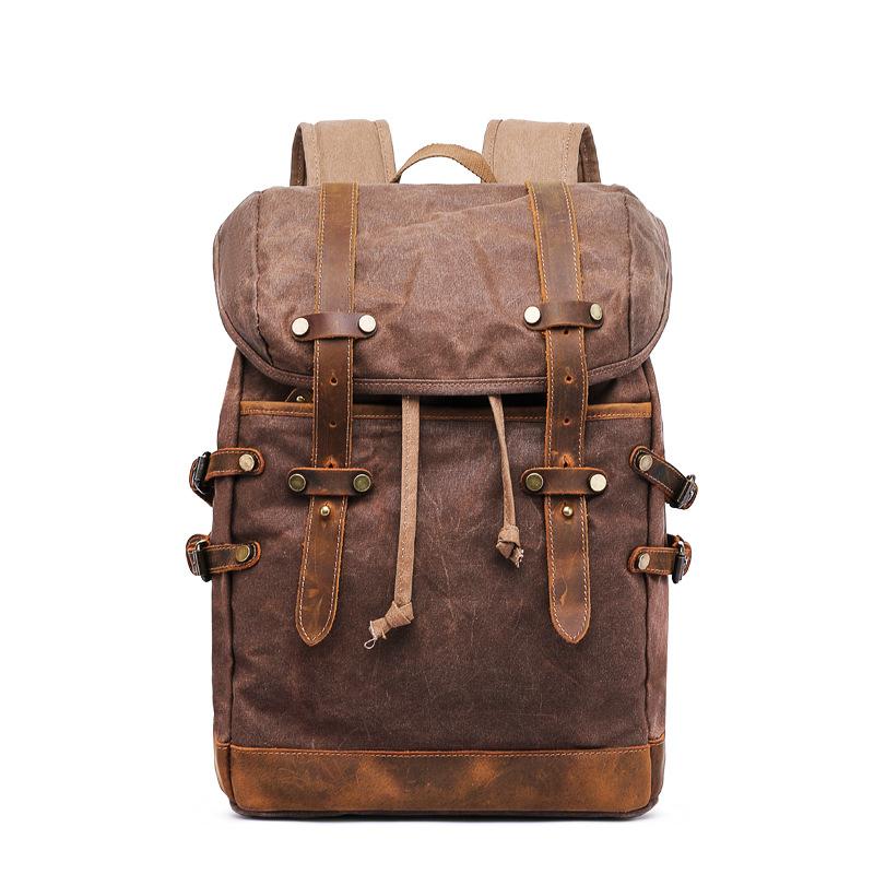 Waterproof Waxed Canvas Backpack Vintage Leather Men Bagpack Large Rucksack School Bag Hiking Backpacks Daypack Mochila
