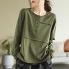 Women's Fashion Vintage Solid Buttons Long Sleeve Basic T-shirts Spring Autumn Simple Casual O Neck Loose Pullover Tops