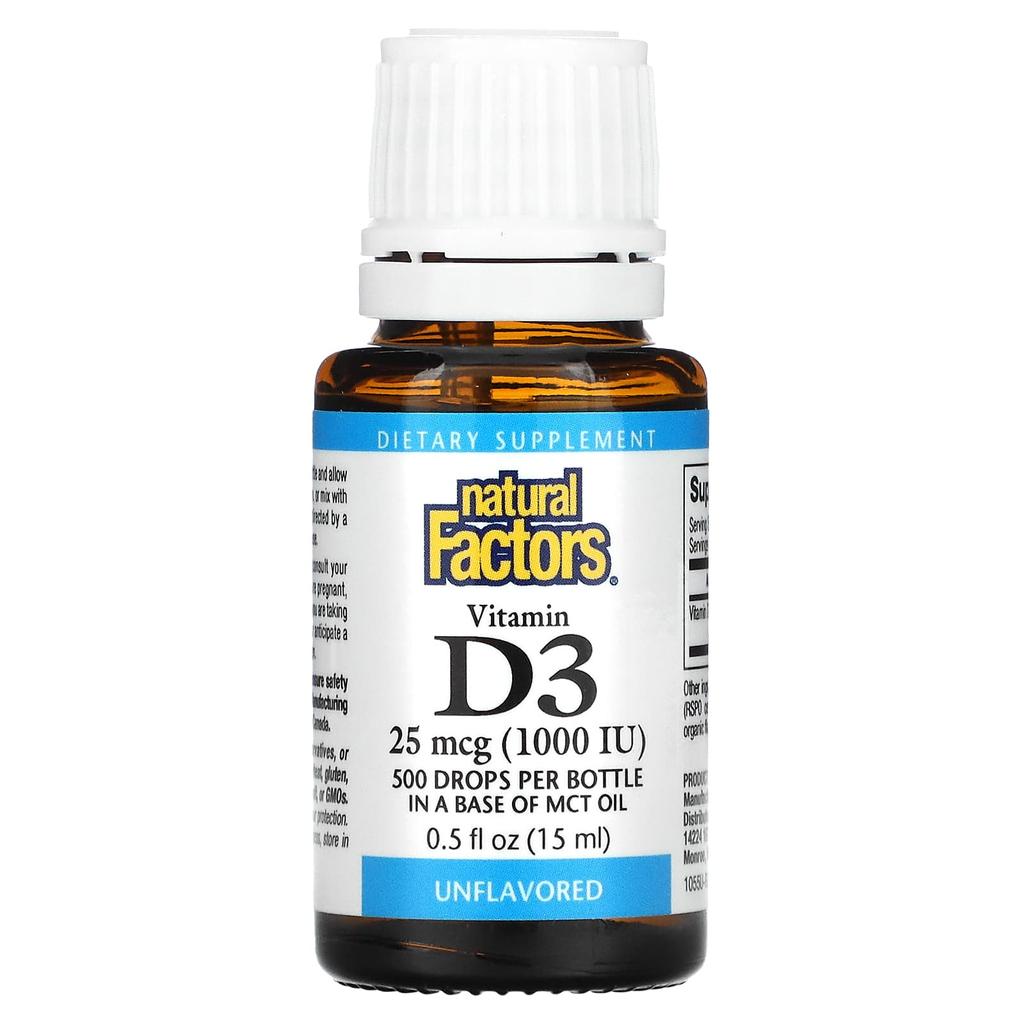 Natural Factors, Vitamin D3 Drops, Unflavored, 25 Mcg (1,000 IU), 15 Ml (0.5 Fl Oz)
