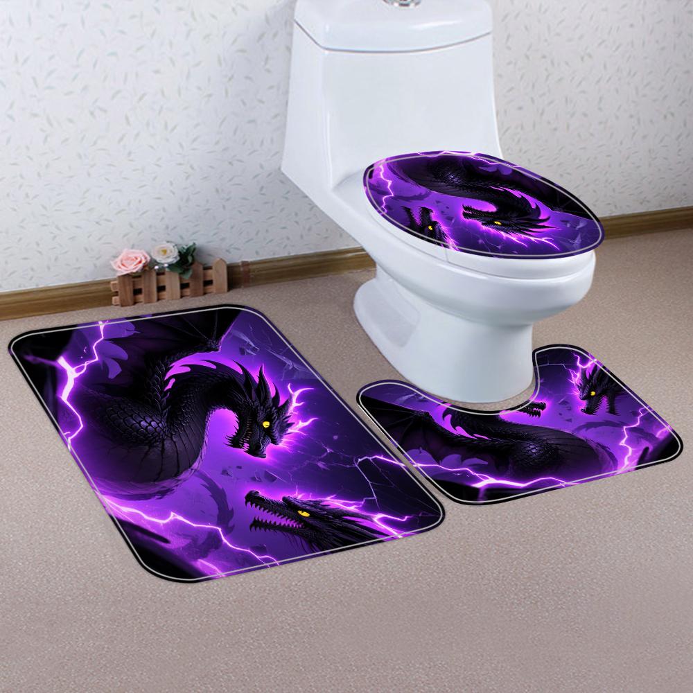 1/4 Double Dragon Head Print Shower Curtains, Toilet Seat Decoration, Shower Curtain with Carpet and Toilet Lid, 70.8x70.8 Inch