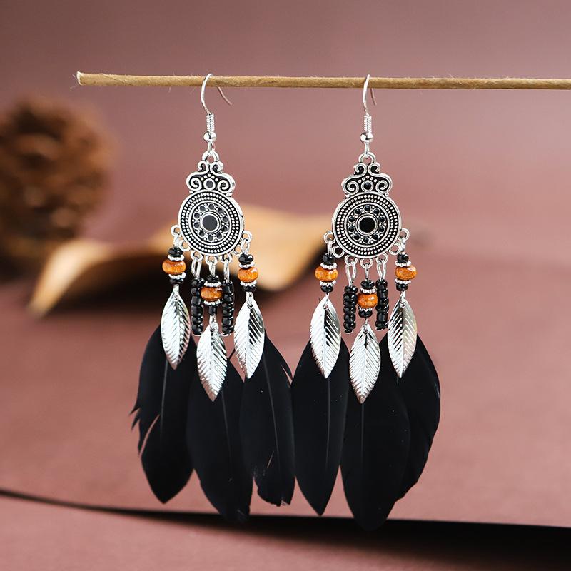 Bohemian Ethnic Feather Drop Earrings For Women Elegant Wood Beads Leaf Long Tassels Dangle Earring Girls Fashion Party Jewelry CDN