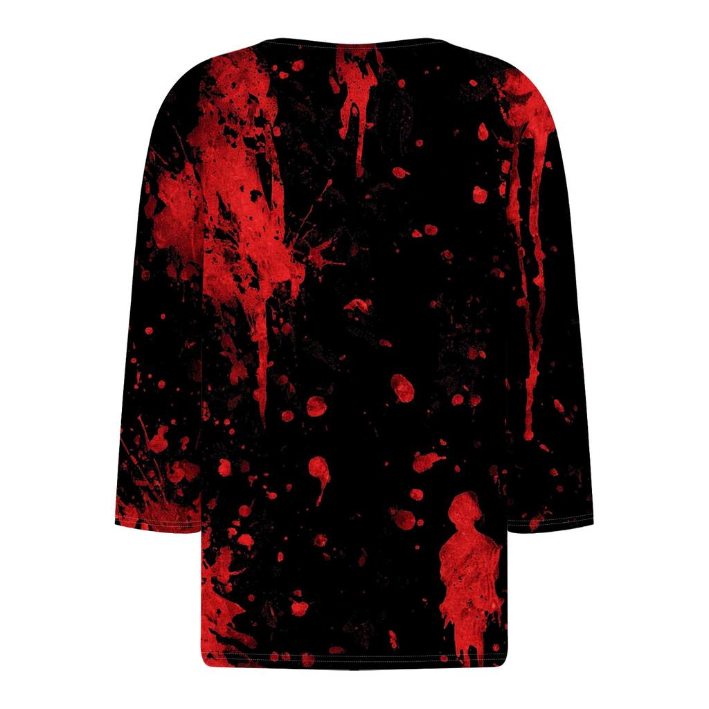 Women's Fashion Casual Halloween Printed V.Neck Short Sleeve Decorative Button Three.quarter Sleeve T-shirt Tor