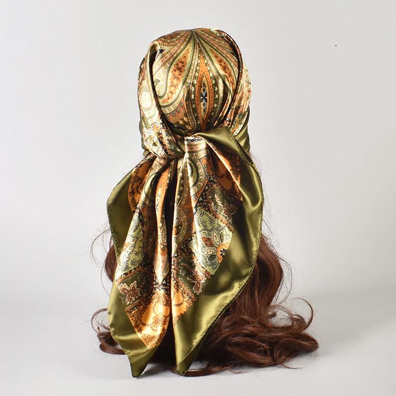 90x90CM Luxury Design Square Scarf for Women Silk Shawl Satin Neckerchief Female Headband Hair Bands Print Foulard Hijab Wraps