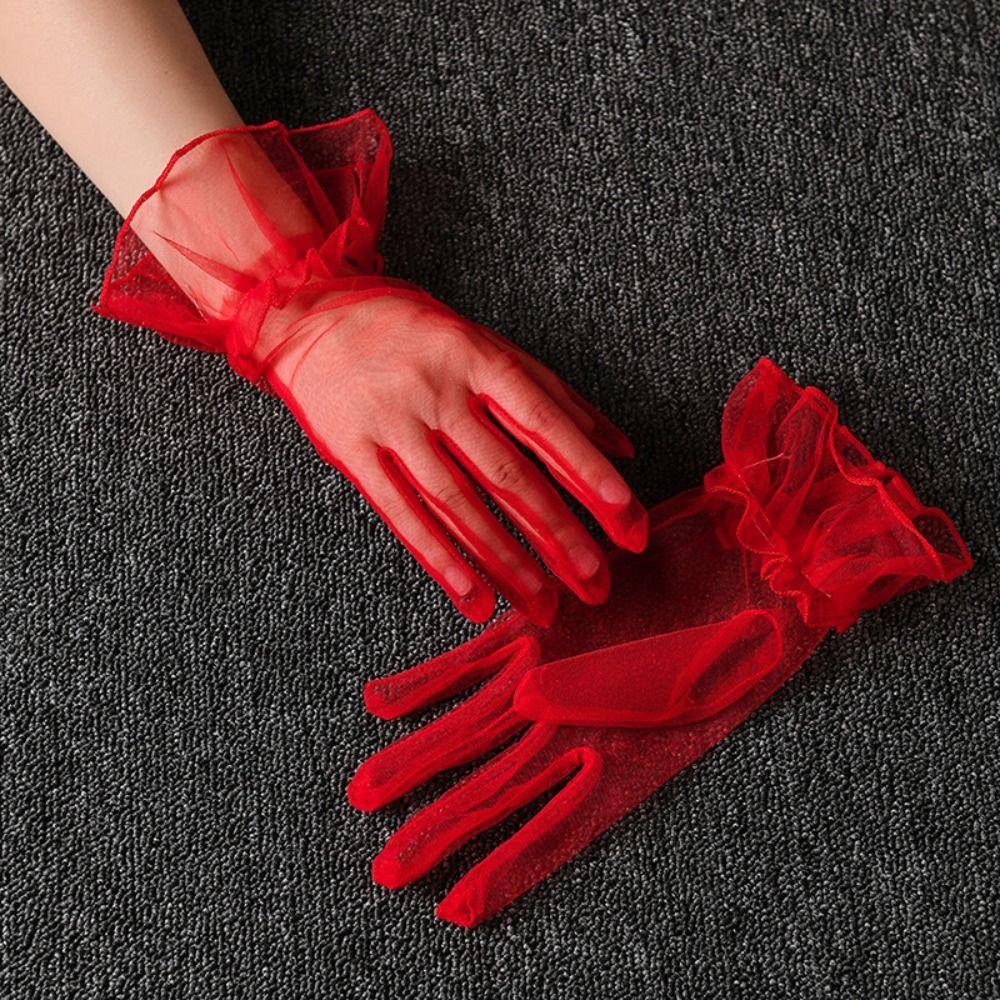 Transparent Women Tulle Gloves Short Wedding Mesh Gloves Wrist Gauze Lace Gloves Ladies