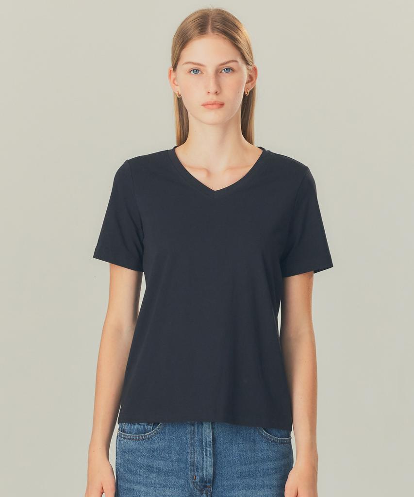 BASIC HOUSE Women'S V-Neck Stretch Slim Fit Short Sleeve T-Shirt Black Lats0204 (B Type)