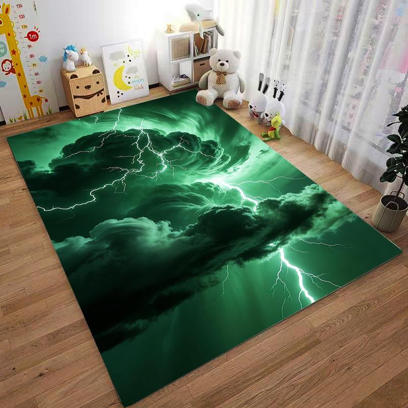 Green Lightning Storm Design Carpet, Dark Cloud Patterned Floor Rug Suitable for use as an anti-slip for living room bedroom sofas