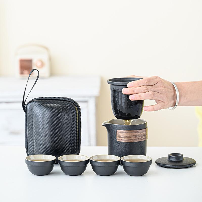Black Pottery Travel Kung Fu Tour Tea Set Portable Kuaike Cup One Pot Four Cups Outdoor Tea Pot Business Gift Set